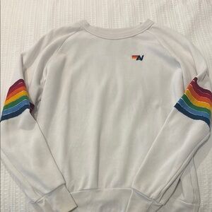 Aviator Nation White Crewneck with Rainbow Stripes